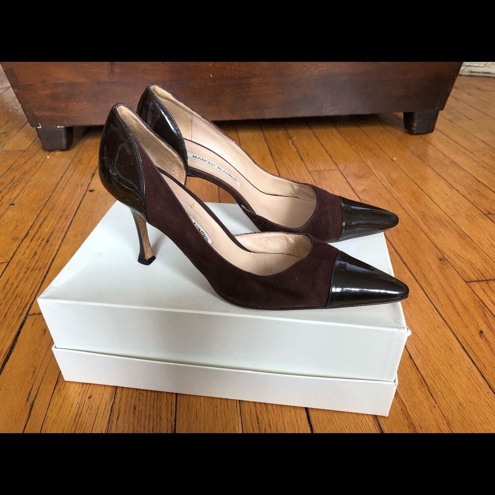 Manolo Blahnik brown suede and patent pumps